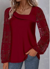 Wine Red Plus Size Lace Long Sleeve Blouse