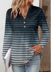 Striped Button Navy Long Sleeve Split Neck T Shirt