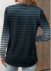 Striped Button Navy Long Sleeve Split Neck T Shirt