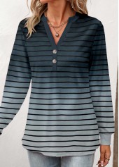 Striped Button Navy Long Sleeve Split Neck T Shirt