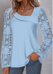 Lace Light Blue Long Sleeve Asymmetrical Neck Blouse