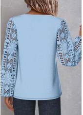 Lace Light Blue Long Sleeve Asymmetrical Neck Blouse