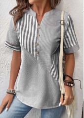 Striped Patchwork Grey Short Sleeve Split Neck Blouse