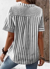 Striped Patchwork Grey Short Sleeve Split Neck Blouse