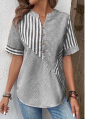 Striped Patchwork Grey Short Sleeve Split Neck Blouse