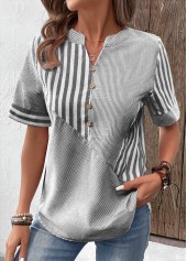Striped Patchwork Grey Short Sleeve Split Neck Blouse