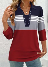 Striped Eyelet Navy 3/4 Sleeve Shirt Collar Blouse