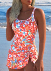 Floral Print Tie Coral One Piece Swimdress