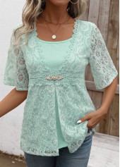 Lace Mint Green Half Sleeve Fake Two Piece Twinset