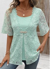 Lace Mint Green Half Sleeve Fake Two Piece Twinset