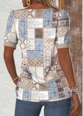 Geometric Print Patchwork Light Coffee Short Sleeve T Shirt