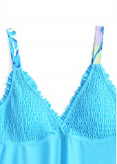 Plus Size Cyan Tropical Plants Print Smocked Tankini Set