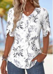 Leaf Print Ruffle White Half Sleeve V Neck Blouse