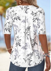 Leaf Print Ruffle White Half Sleeve V Neck Blouse