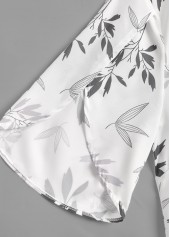 Leaf Print Ruffle White Half Sleeve V Neck Blouse