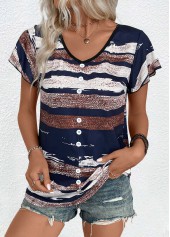 Geometric Print Button Multi Color Short Sleeve T Shirt