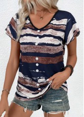 Geometric Print Button Multi Color Short Sleeve T Shirt