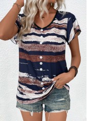 Geometric Print Button Multi Color Short Sleeve T Shirt