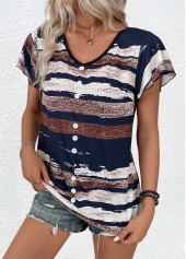 Geometric Print Button Multi Color Short Sleeve T Shirt