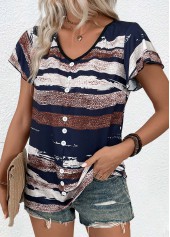 Geometric Print Button Multi Color Short Sleeve T Shirt
