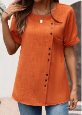 Button Brick Red Short Sleeve Round Neck Blouse