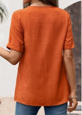 Button Brick Red Short Sleeve Round Neck Blouse