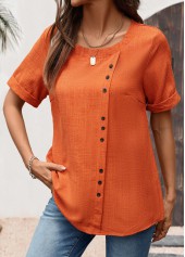 Button Brick Red Short Sleeve Round Neck Blouse