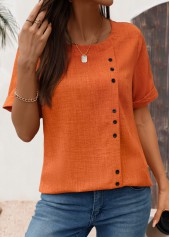 Button Brick Red Short Sleeve Round Neck Blouse