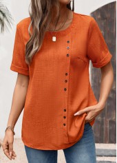Button Brick Red Short Sleeve Round Neck Blouse