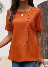 Button Brick Red Short Sleeve Round Neck Blouse