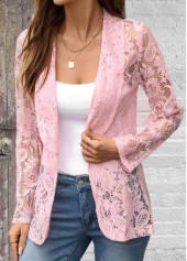 Lace Pink Long Sleeve Lapel Light Cardigan