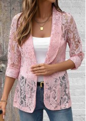 Lace Pink Long Sleeve Lapel Light Cardigan