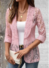 Lace Pink Long Sleeve Lapel Light Cardigan