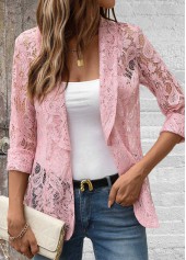 Lace Pink Long Sleeve Lapel Light Cardigan