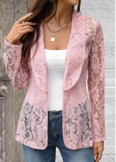 Lace Pink Long Sleeve Lapel Light Cardigan