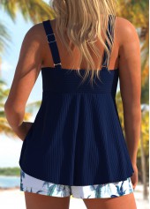 Plus Size Navy Tropical Plants Print Surplice Tankini Set