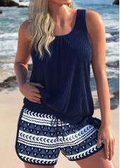 Plus Size Navy Geometric Print Bowknot Tankini Set