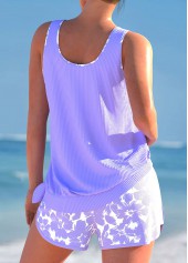 Floral Print Bowknot Light Purple Tankini Set
