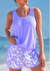Floral Print Bowknot Light Purple Tankini Set
