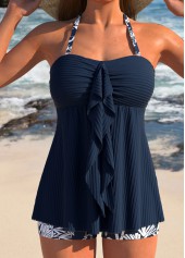 Plus Size Navy Tropical Plants Print Ruffle Tankini Set