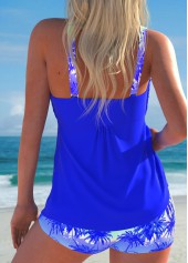 Plus Size Royal Blue Tropical Plants Print Tankini Set