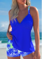 Plus Size Royal Blue Tropical Plants Print Tankini Set