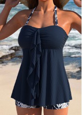 Plus Size Navy Tropical Plants Print Ruffle Tankini Set