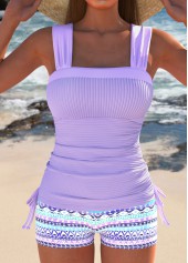 Geometric Print Drawstring Light Purple Tankini Set