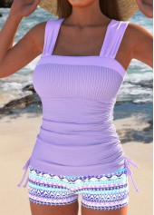 Geometric Print Drawstring Light Purple Tankini Set
