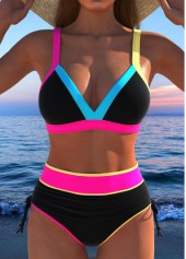 High Waisted Contrast Binding Black Bikini Set
