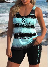 Striped Lace Up Mint Green Tankini Set