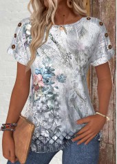Random Floral Print Button Grey Short Sleeve T Shirt