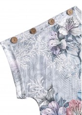 Random Floral Print Button Grey Short Sleeve T Shirt