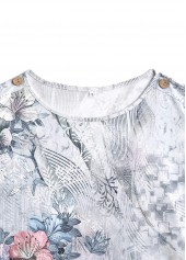 Random Floral Print Button Grey Short Sleeve T Shirt